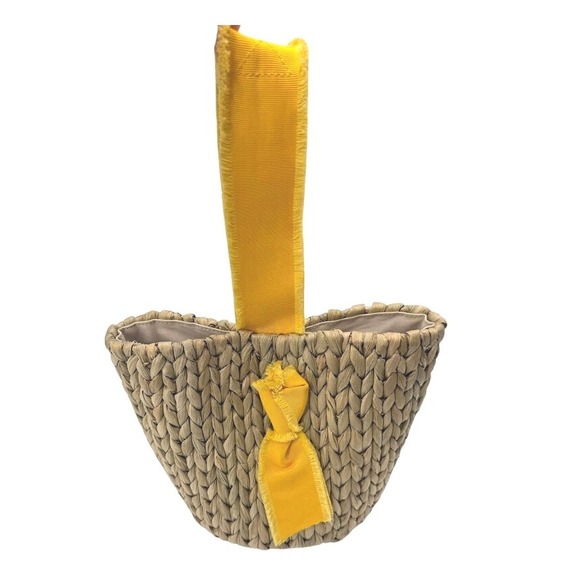 Pamela Munson Petite Isla Bahia Basket Bag Yellow Ribbon Bucket Woven Straw - Picture 2 of 7
